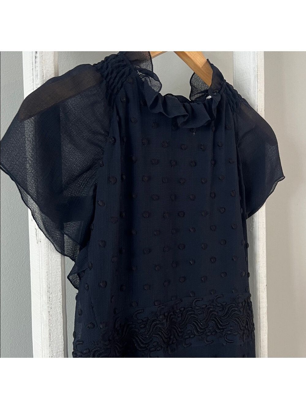 See by Chloe High ruffle neck black chiffon polka dot flutter sleeve dress 2 - Picture 8 of 15